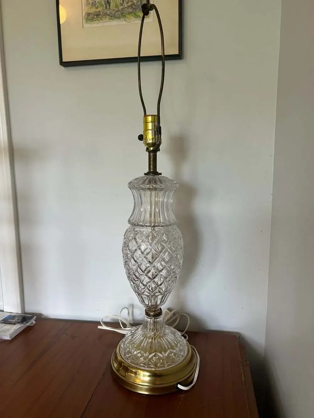 Vintage Cut Crystal Pineapple Design Table Lamp with Brass Base